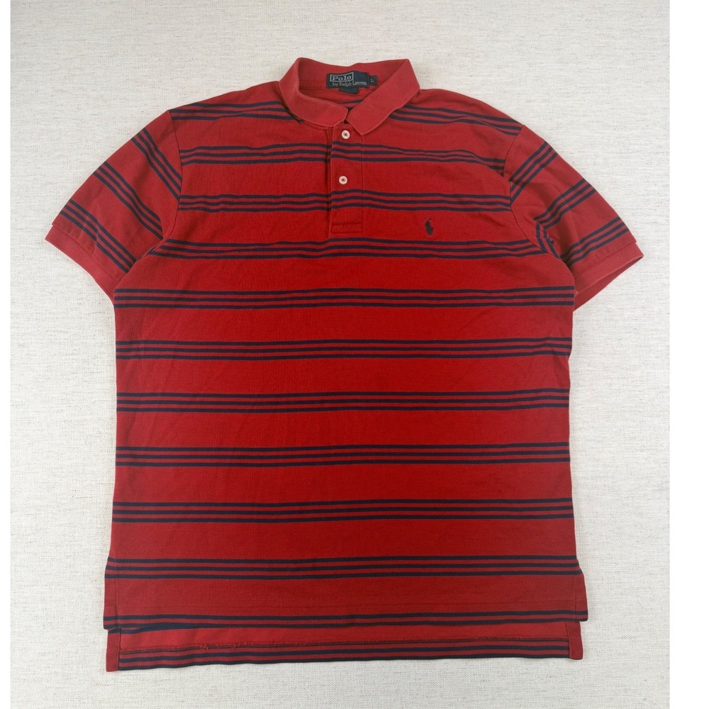 Polo Ralph Lauren Mens Large Red Navy Blue Striped Short Sleeve Pique Polo Shirt